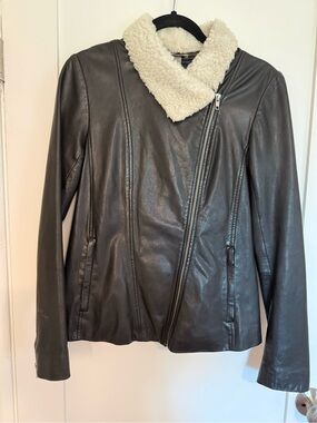 Soia & Kyo Black Leather Moto Jacket with removable Cream Sherpa Collar